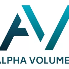 Logo de l'entreprise alpha Volumes. Un A et un V imbriqué de coleur bleu avec écrit en toute lettre en dessous "alpha volumes"