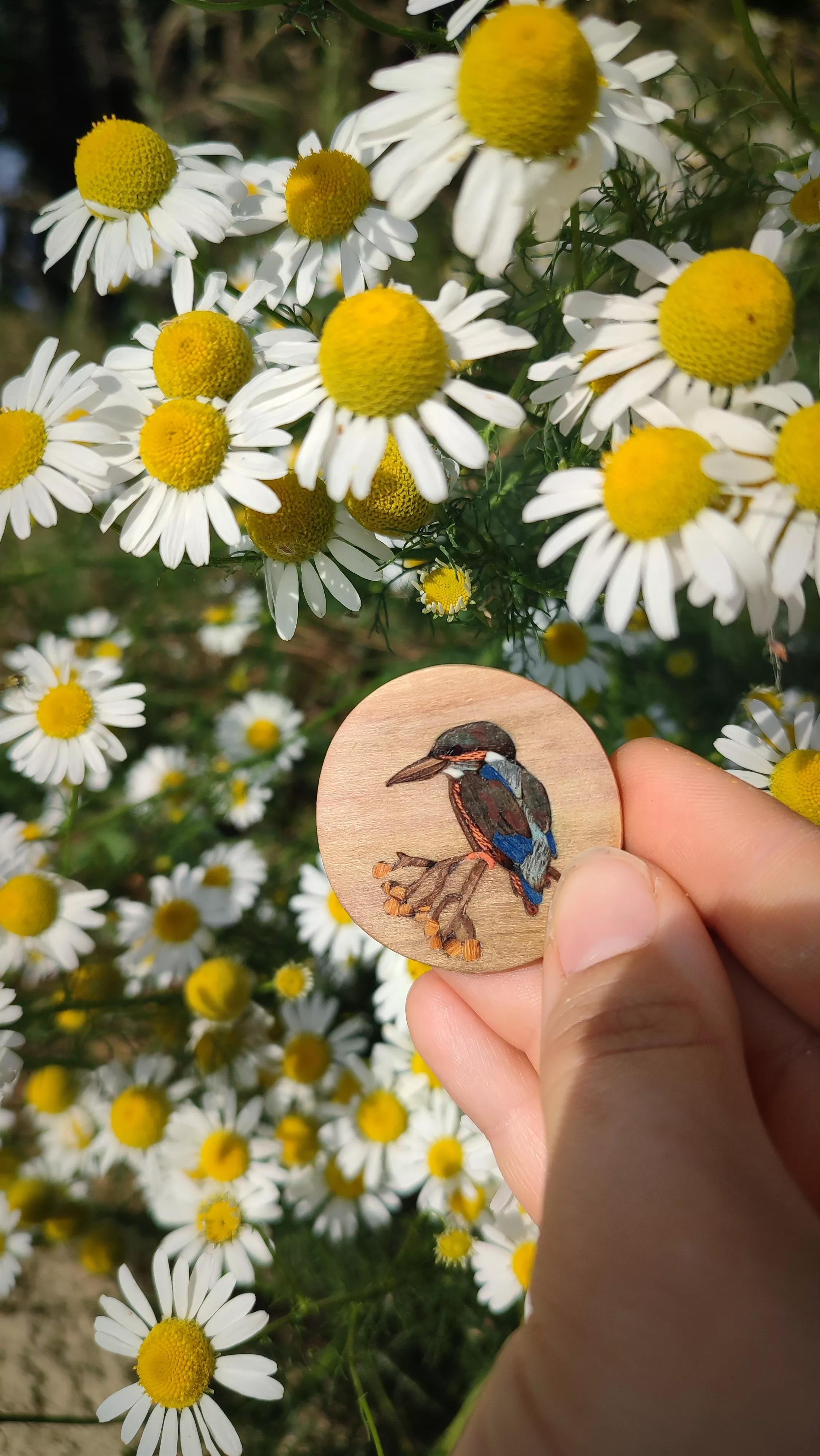 broche martin pécheur en marqueterie de bois