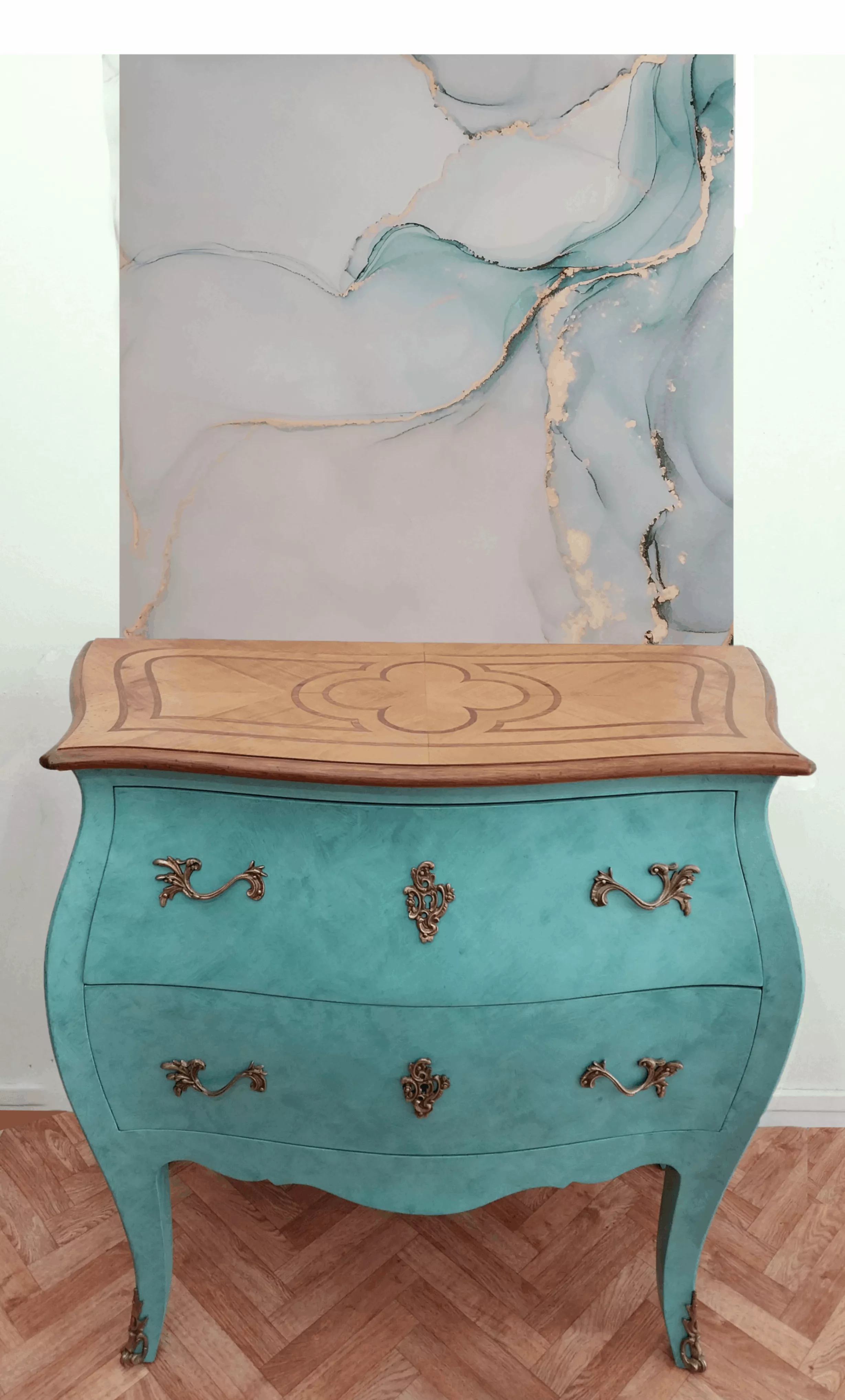 Commode sauteuse Louis XV vert turquoise