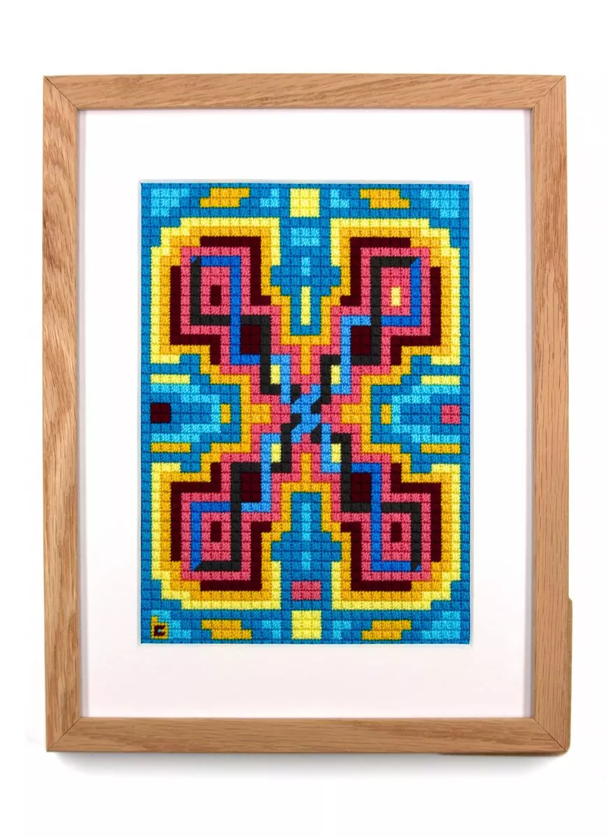 Le tableau contemporain coloré Vibrato est une tapisserie à l'aiguille abstraite.