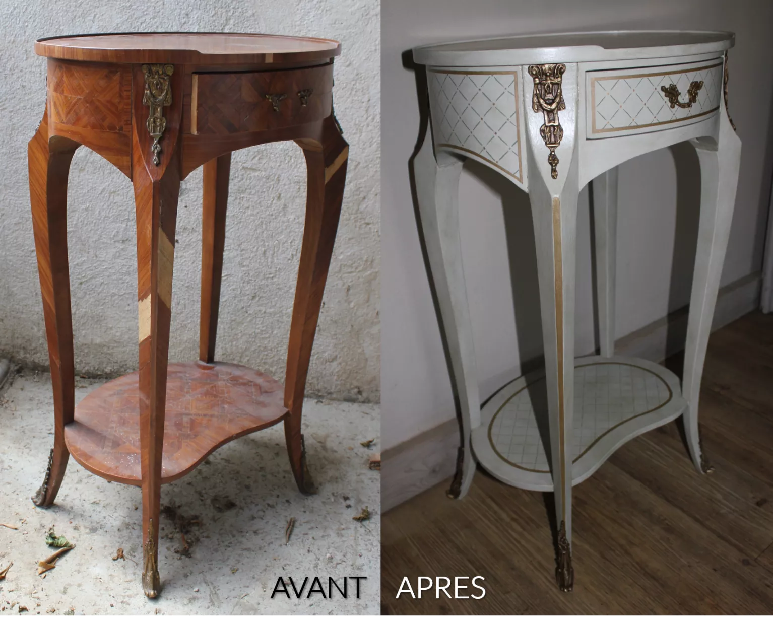 Restauration et relooking table rognon style transition - 18ème siècle - motifs géométriques - chutes et sabots en laiton