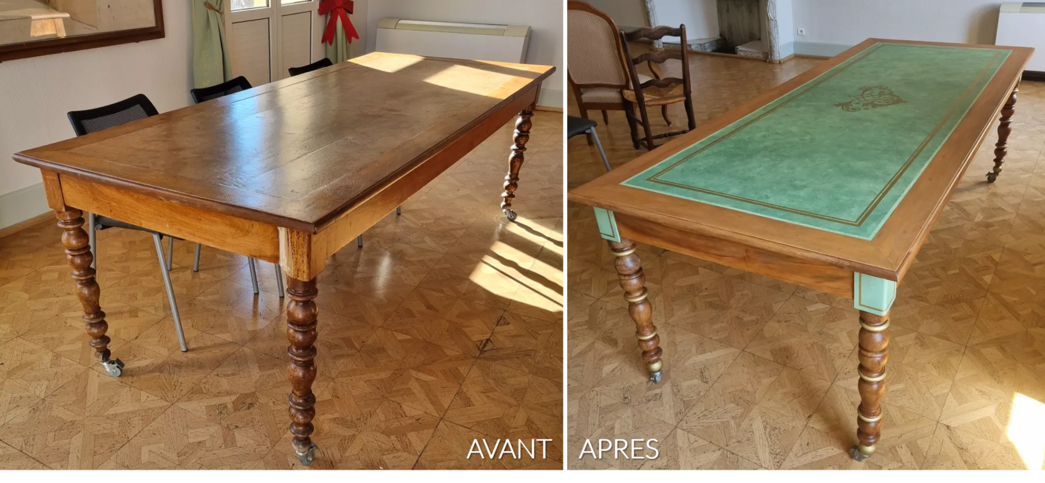 Restauration et relooking d'une table de mariage chic en mairie - imitation cuir vert - lisérés et motifs dorés - pieds tournés 