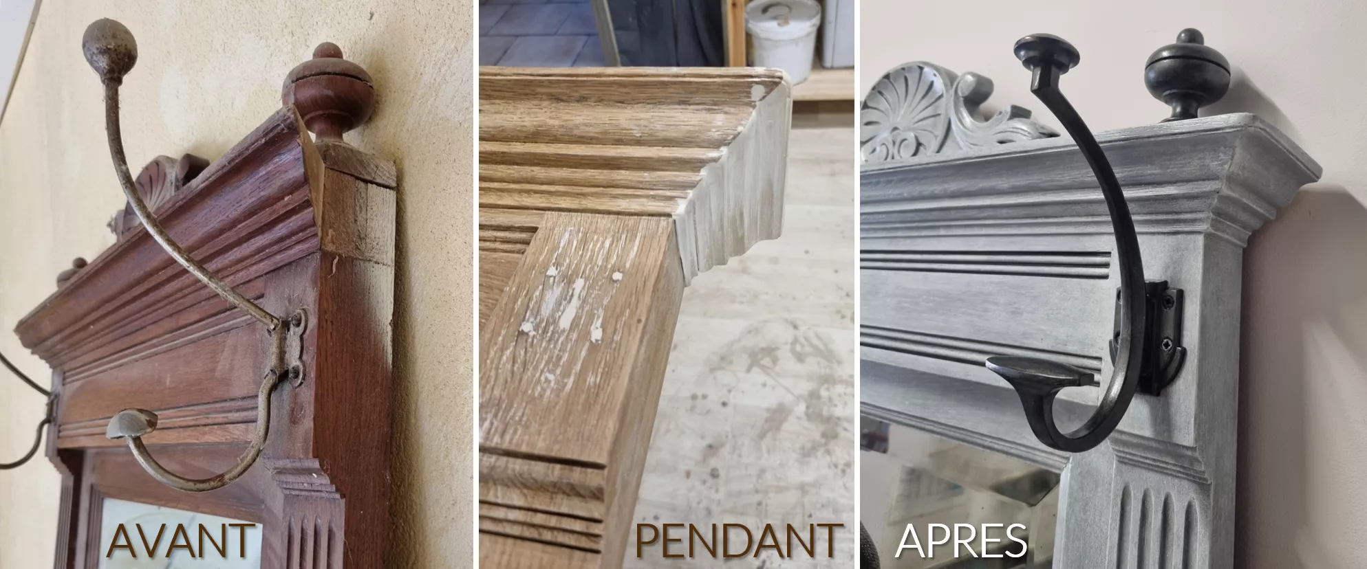 Etapes de travail de la restauration d'une corniche sur un porte manteau ancien - Atelier So Creativ'