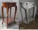 Restauration et relooking table rognon style transition - 18ème siècle - motifs géométriques - chutes et sabots en laiton