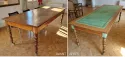 Restauration et relooking d'une table de mariage chic en mairie - imitation cuir vert - lisérés et motifs dorés - pieds tournés 