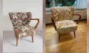 Fauteuil avant et aprés restauration conplète en tapisserie d'ameublement